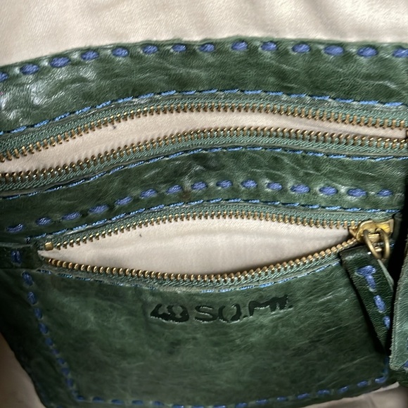 49 Square Miles Leather Hobo bag in green with purple stitching. - Picture 6 of 10